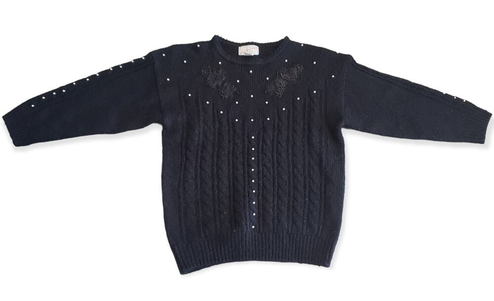 Spice of Life Black Floral Design w. Pearl Decor Dressy Sweater | Size Medium